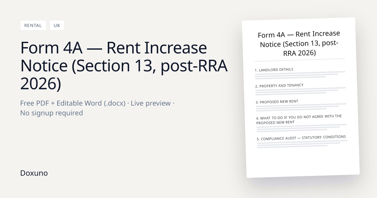 Form 4A — Rent Increase Notice (Section 13, post-RRA 2026) — Word + PDF ...